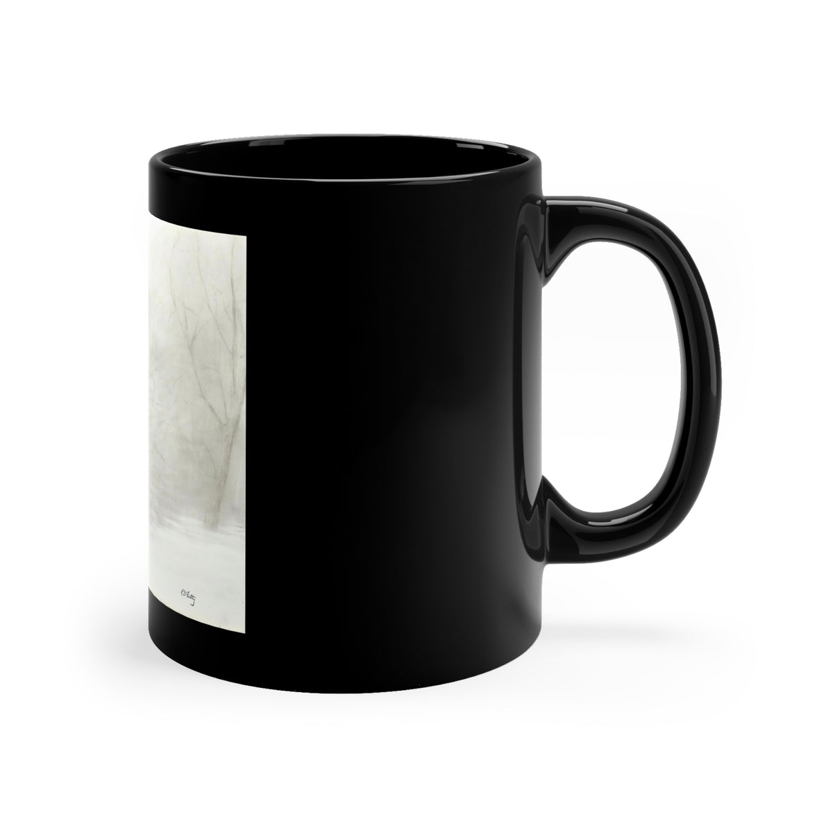 Whitetail Buck in Winter Woods Art Mug – Wildlife Charcoal Drawing, Black 11oz