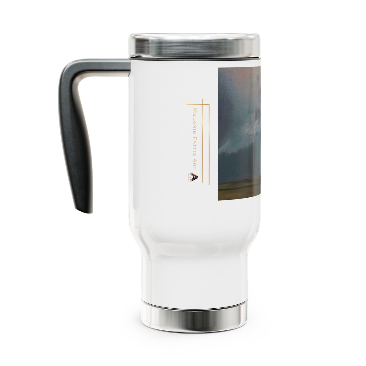 Prairie Storm Travel Mug with Handle – Nebraska Landscape Painting, Stainless Steel 14oz
