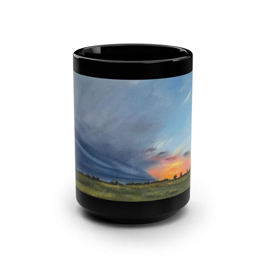 Storm At Sunset Art Mug – Nebraska Landscape Painting, Black 15oz