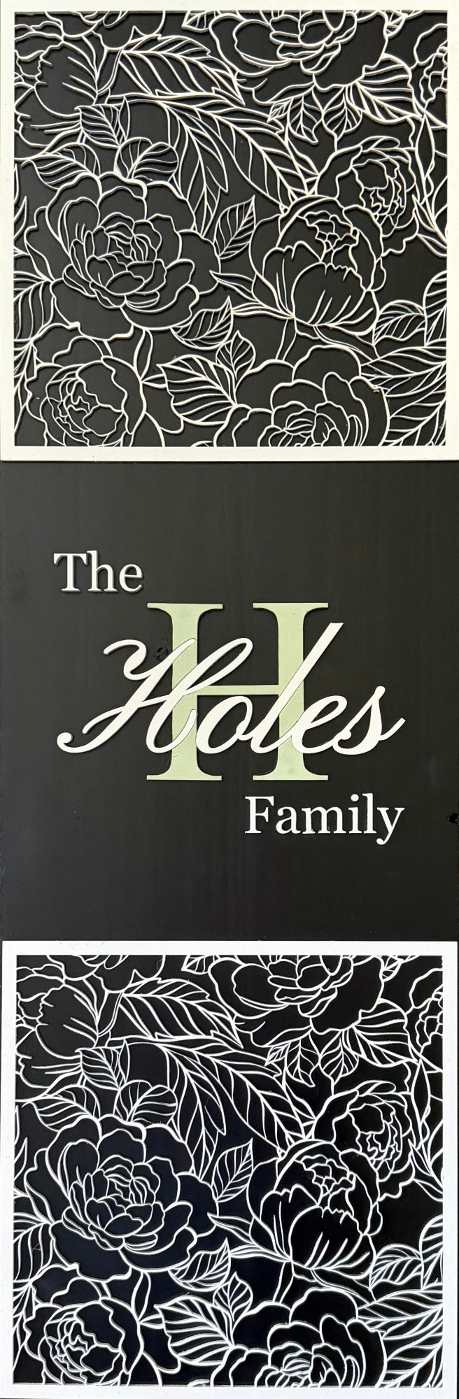 Peonies Floral Family Sign – three-piece laser-cut wood sign with peony design