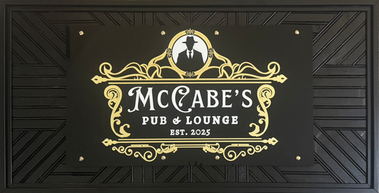 McCabe's Pub & Lounge custom business sign – gold mirror acrylic on wood base
