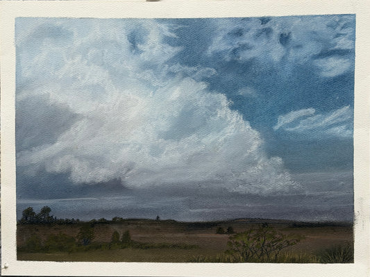 Gathering Storm by Melanie Fattig, dramatic blue-gray clouds above an open prairie landscape
