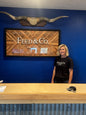 Feed & Co. custom business sign – oak herringbone base with acrylic logo panel
