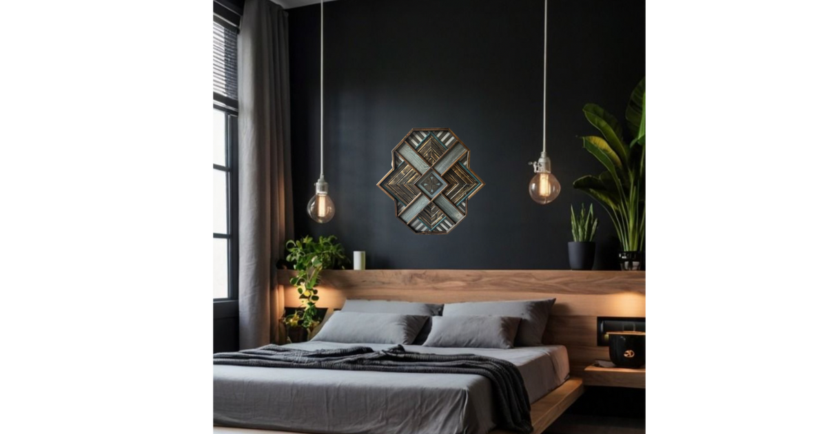 Teal Compass geometric wood wall art displayed in a moody dark bedroom with pendant lights