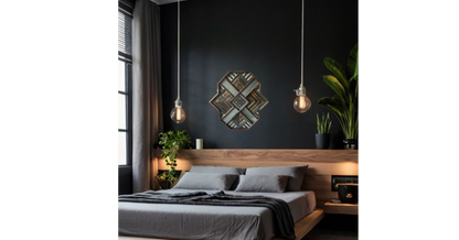 Teal Compass geometric wood wall art displayed in a moody dark bedroom with pendant lights
