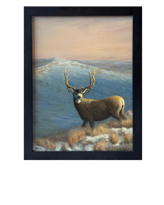 Sandhills Sunrise – Original oil painting of a mule deer buck at sunrise by Roger Fattig