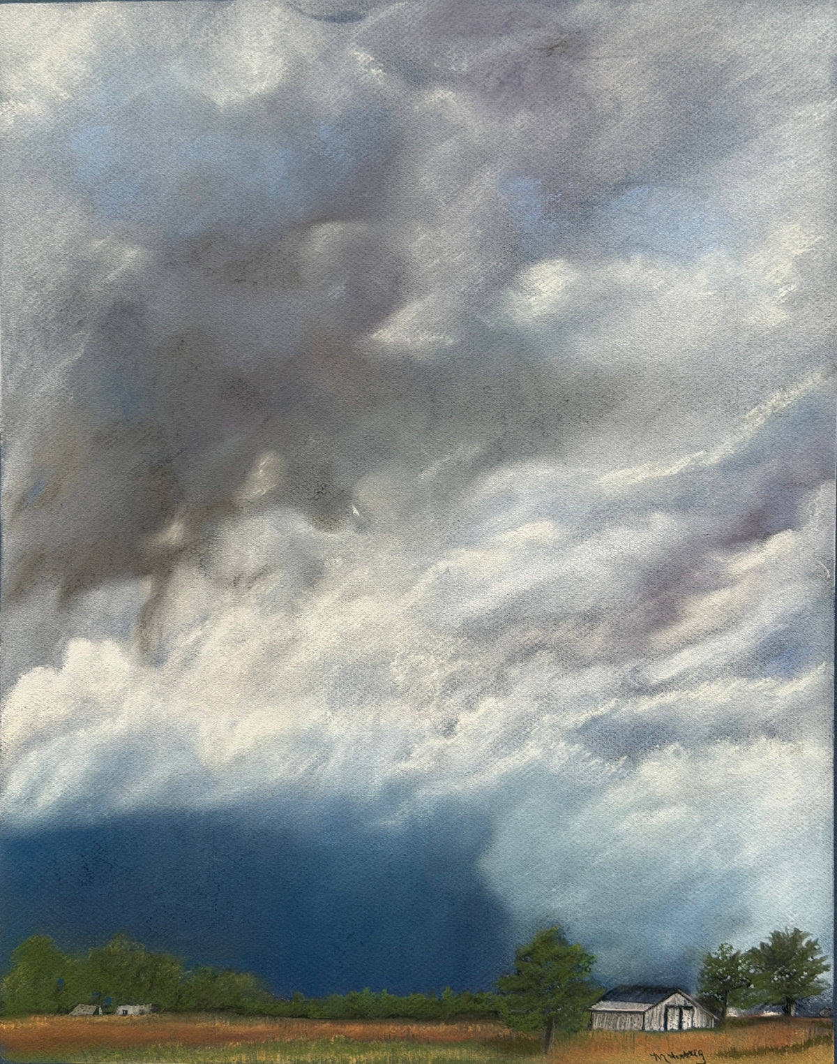 Dramatic gray and blue storm clouds above golden fields, trees, and a rural homestead, original pastel by Melanie Fattig.