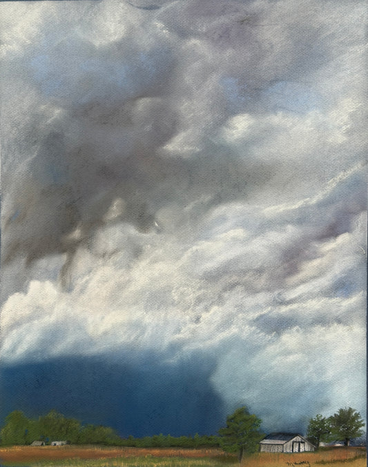 Dramatic gray and blue storm clouds above golden fields, trees, and a rural homestead, original pastel by Melanie Fattig.