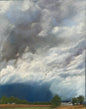 Dramatic gray and blue storm clouds above golden fields, trees, and a rural homestead, original pastel by Melanie Fattig.